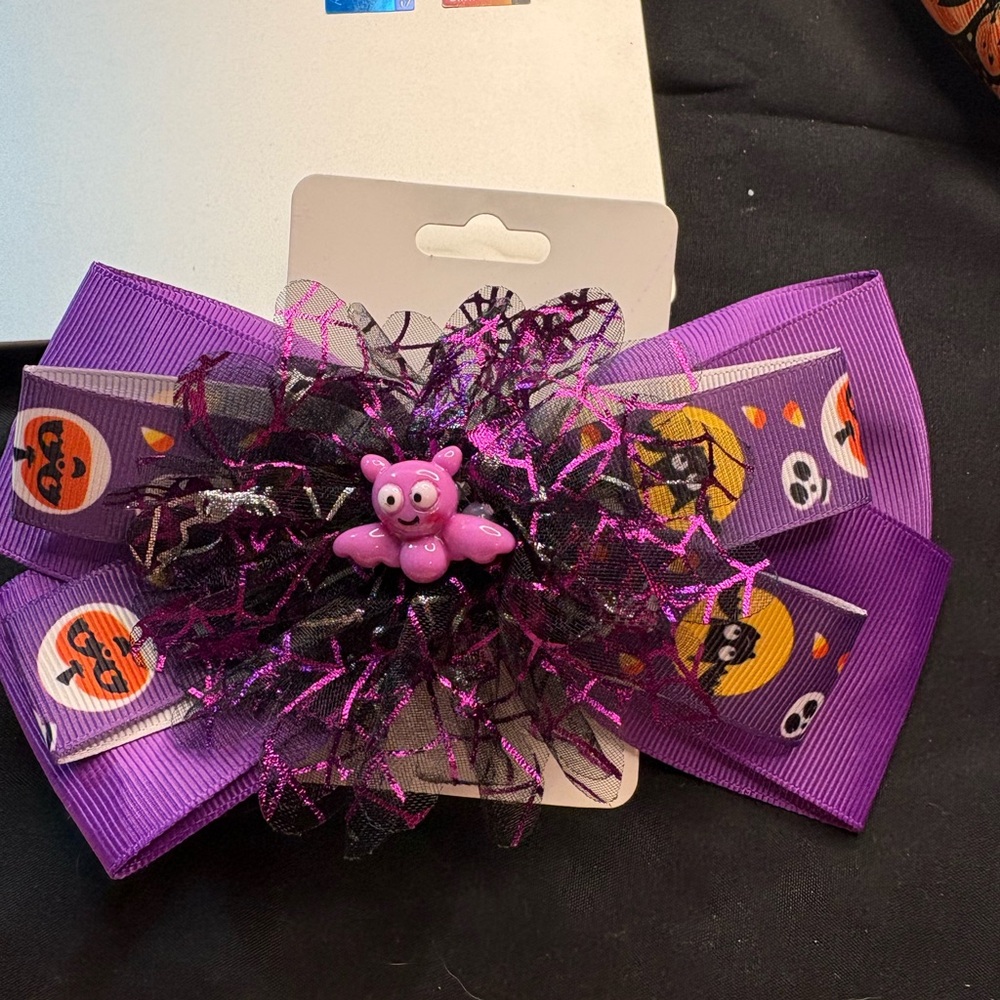 Purple Halloween Hair Bow with Bat Accent